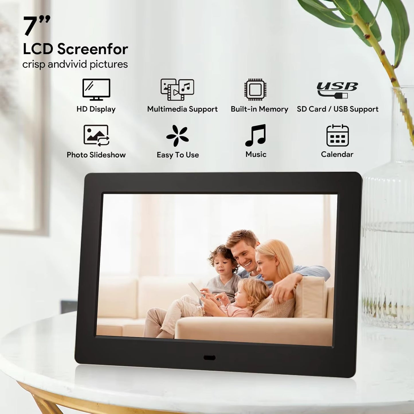 7 Inch HD IPS Digital Picture Frames, Plug in USB or SD Electronic Photo Frame, with Remote Control, Video and Music Photo